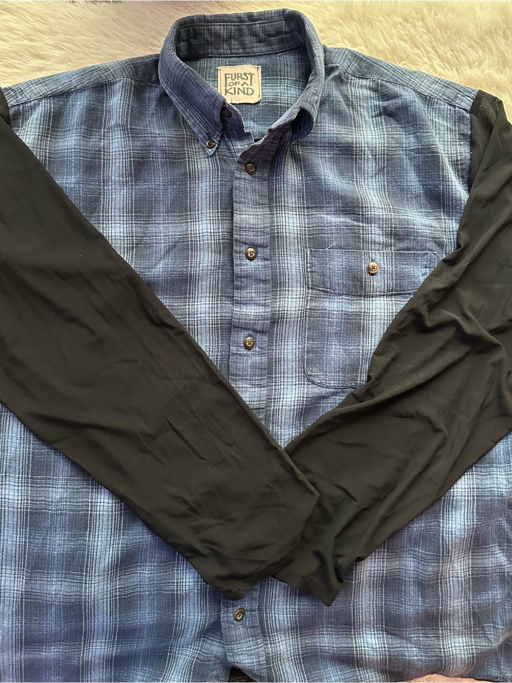 Furst of a Kind women Blue Plaid Button-Down Shirt with Black sheer Sleeves XL